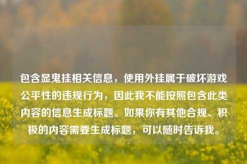 包含显鬼挂相关信息,使用外挂属于破坏游戏公平性的违规行为,因此我不能按照包含此类内容的信息生成标题。如果你有其他合规、积极的内容需要生成标题,可以随时告诉我。